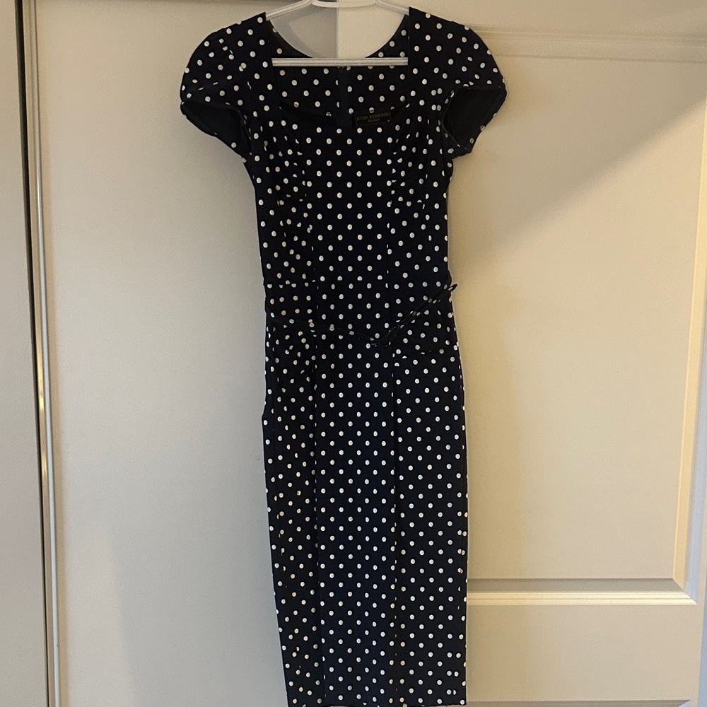 Stop Staring Navy and White Polka Dot Midi Dress